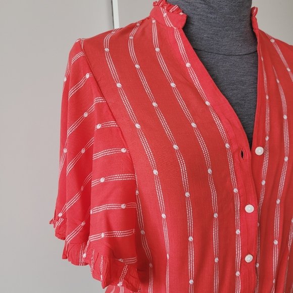 Anthropologie Maeve Aveiro Ruffle Sleeve Striped Short Sleeve Blouse - Picture 6 of 13